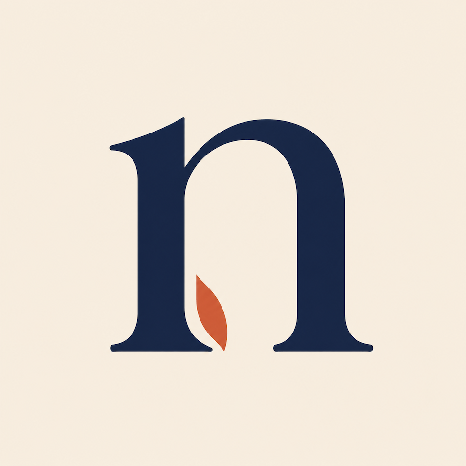 Naru logo — a serif lowercase 'n' with a terracotta flame accent